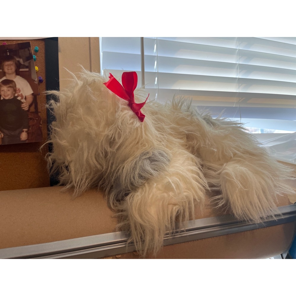 Vintage Cuddle Wit Old English Sheepdog Plush Large Shaggy White Grey Dog Bow